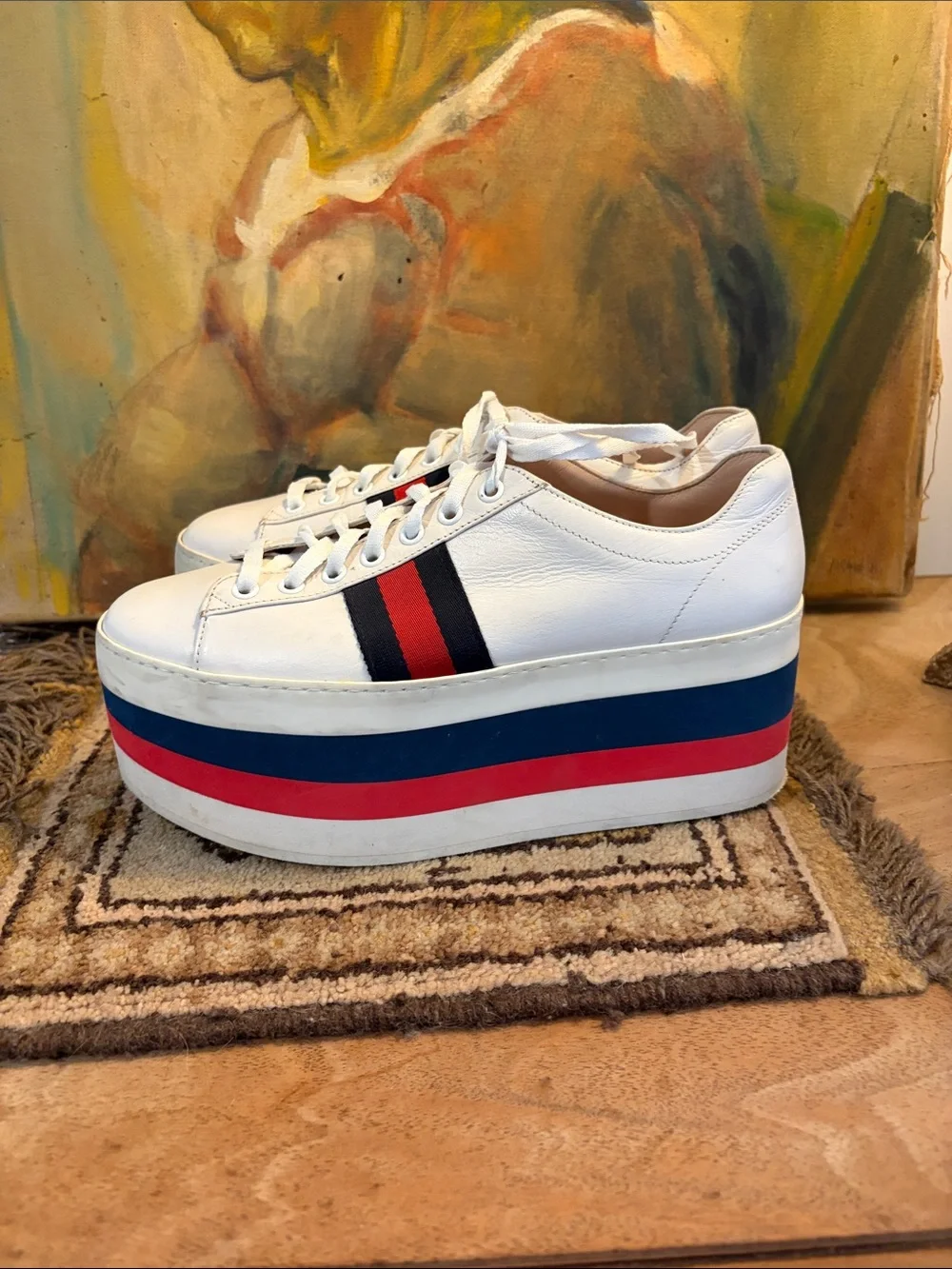 Gucci DAMAGED White Platform Sneakers with Red and Blue Stripe Accents - SZ 38
